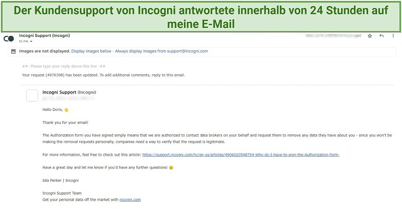 Ein Screenshot der Incogni E-Mail-Support-Antwort