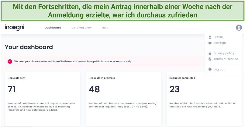 Ein Screenshot, der die Anzahl der Datenbroker anzeigt, die Incogni in meinem Namen kontaktiert hat