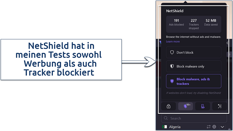 A screenshot showing Proton VPN's NetShield excels at filtering out ads, blocking trackers, and saving data