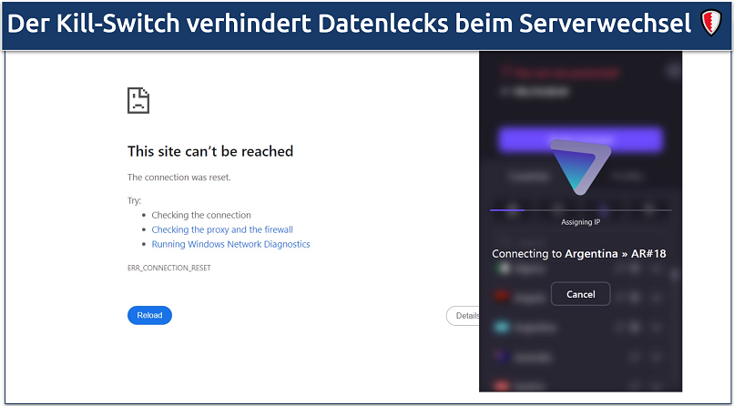 Ein Screenshot, der zeigt, dass der Kill-Switch von Proton VPN die Internetverbindung unterbricht, wenn du den Server wechselst