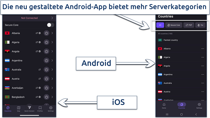 A screenshot showing Proton VPN's Android app displays more options under the country menu compared to the iOS app