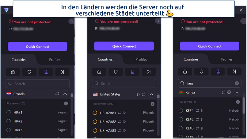 Ein Screenshot, der zeigt, dass Proton VPN die Server nach Städten sortiert