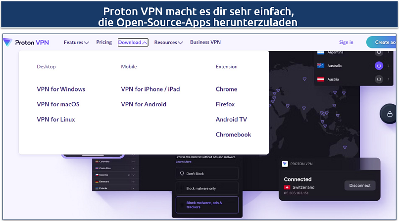 Ein Screenshot, der die Download-Seite von Proton VPN zusammen mit dem vom VPN unterstützten Gerät zeigt