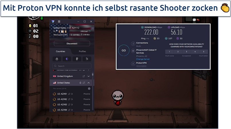 Dieser Screenshot zeigt, wie ich The Binding of Isaac spiele, während ich mit dem schnellsten Server von Proton VPN verbunden bin