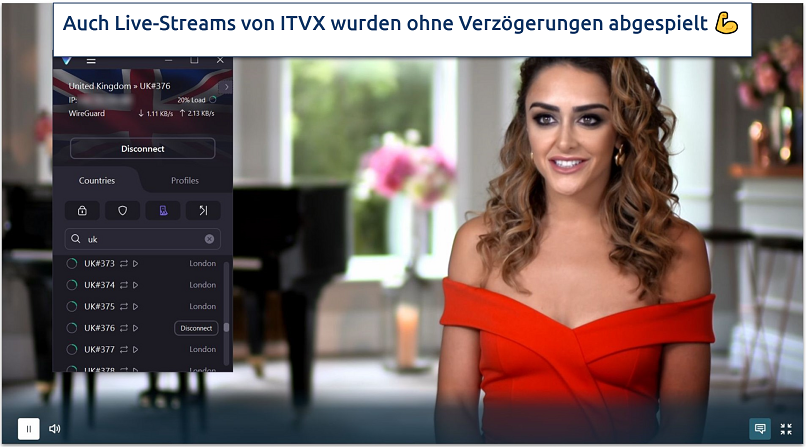 Ein Screenshot von ITVX beim Streaming von The Real Housewives of Cheshire, während er mit dem für Streaming optimierten Server von Proton VPN in Großbritannien verbunden ist