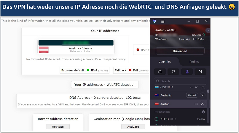 Ein Screenshot, der zeigt, dass Proton VPN DNS-, IP-Leck- und WebRTC-Tests bestanden hat