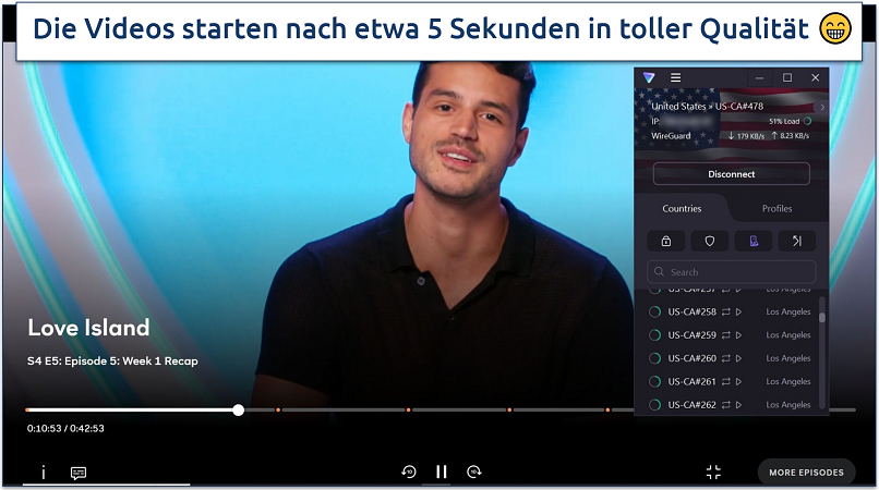 Ein Screenshot von Peacock, wo Love Island läuft, während wir mit dem Streaming-optimierten Server von Proton VPN in den USA verbunden waren