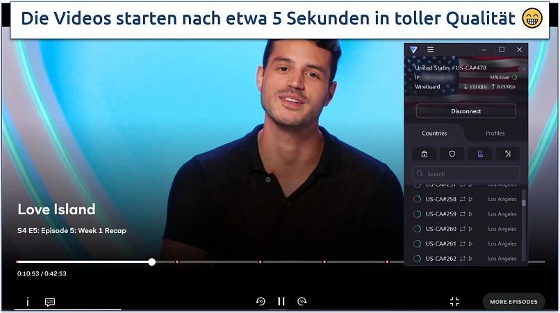 Ein Screenshot von Peacock, wo Love Island läuft, während wir mit dem Streaming-optimierten Server von Proton VPN in den USA verbunden waren
