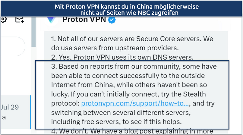 Ein Screenshot, der zeigt, wie das Support-Team von Proton VPN bestätigt, dass das VPN in China funktionieren kann