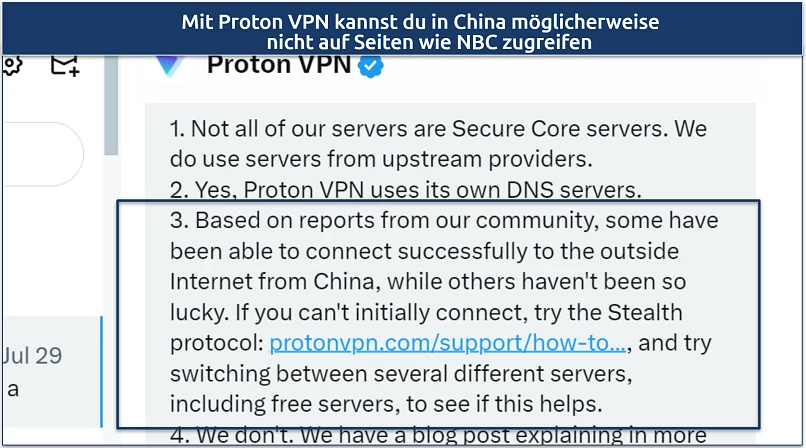 Ein Screenshot, der zeigt, wie das Support-Team von Proton VPN bestätigt, dass das VPN in China funktionieren kann