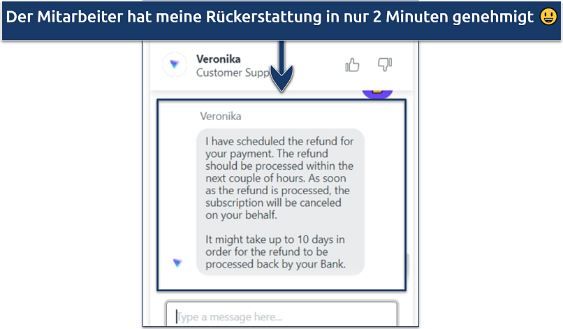 Ein Screenshot, der zeigt, dass du über die Live-Chat-Funktion von Proton VPN kündigen und eine Rückerstattung beantragen kannst