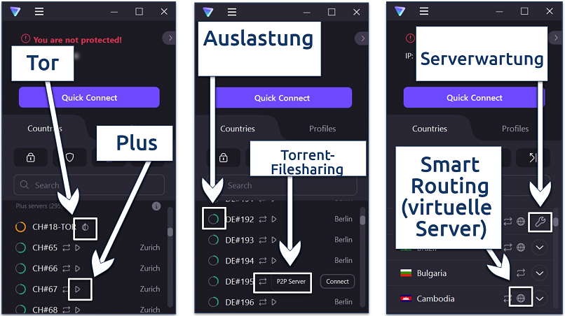 A screenshot showing the different servers offered by Proton VPN and their associated icons, along with an icon that signify maintenance