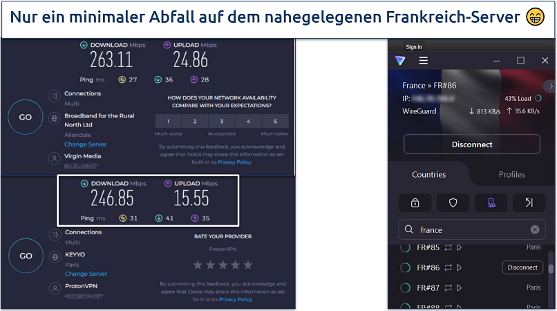 Ein Screenshot der Ookla-Geschwindigkeitstests, der während der Verbindung mit dem Frankreich-Server von Proton und ohne VPN-Verbindung gemacht wurde