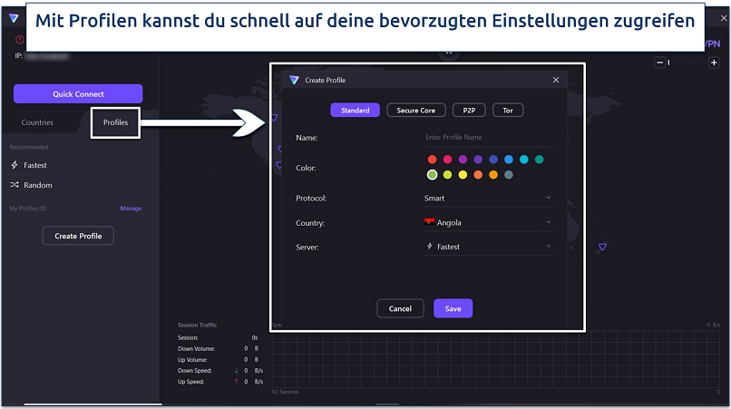 Ein Screenshot des Fensters, das sich öffnet, wenn du auf dem Startbildschirm von Proton VPN auf Profile klickst