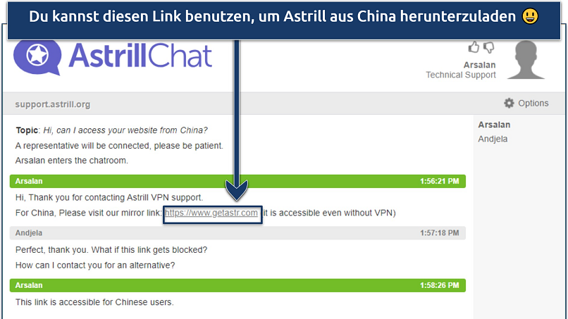 Screenshot showing Astill VPN live chat window with information about mirror links for China