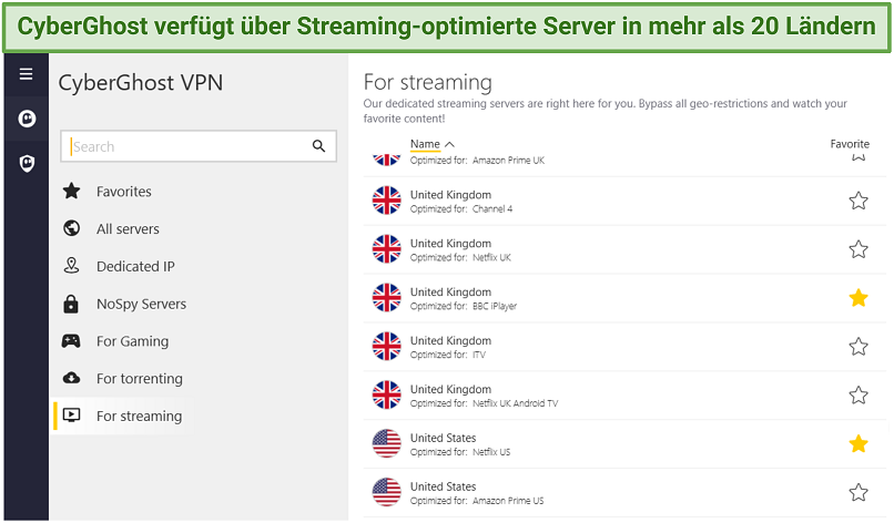 screenshot showing a list of CyberGhost's streaming-optimized servers