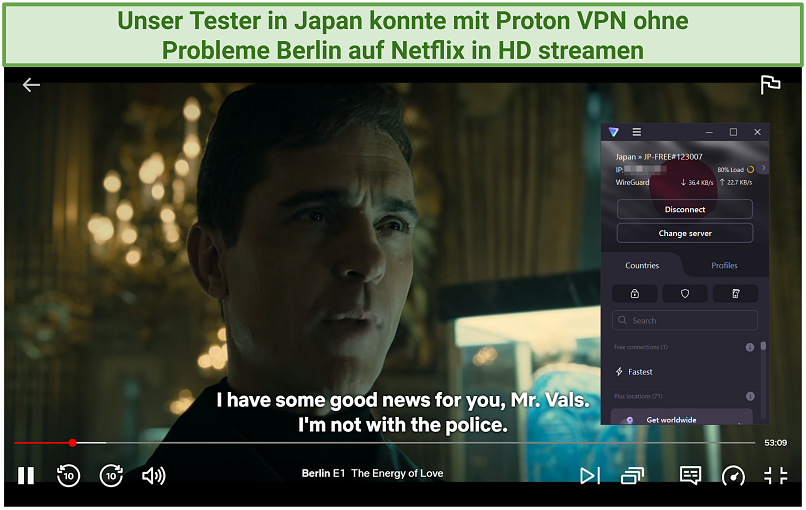 Screenshot of Berlin streaming on Android TV Box with ProtonVPN connected