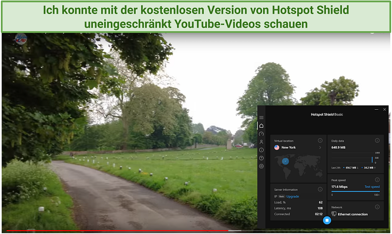 Watching a YouTube video that's available worldwide using Hotspot Shield's free plan