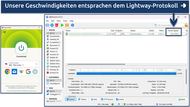 Screenshot showing fast torrent downloads with ExpressVPN