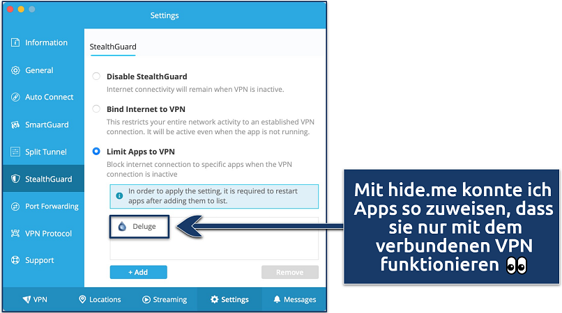 Screenshot showing how to limit apps to VPN on the hide.me app