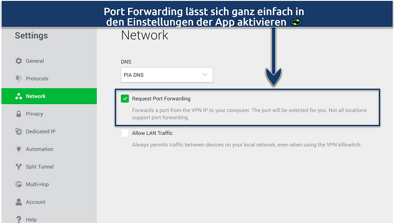 Screenshot showing how to activate PIA's port forwarding