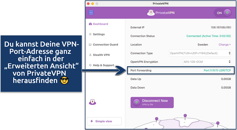 Screenshot showing PrivateVPN's Advanced View