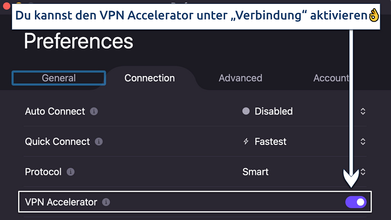 Screenshot showing how to activate VPN Accelerator on Proton VPN's Preferences panel