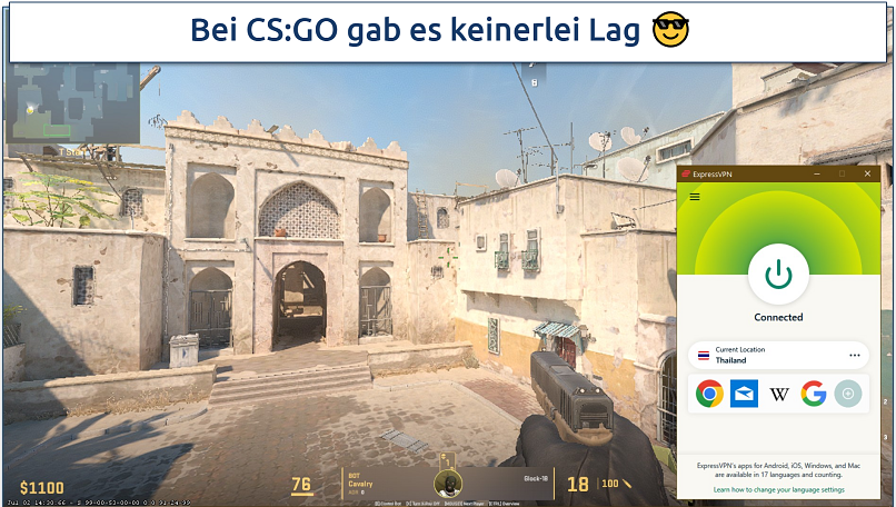 Screenshot of a CS:GO match on Steam with ExpressVPN connected to Thailand