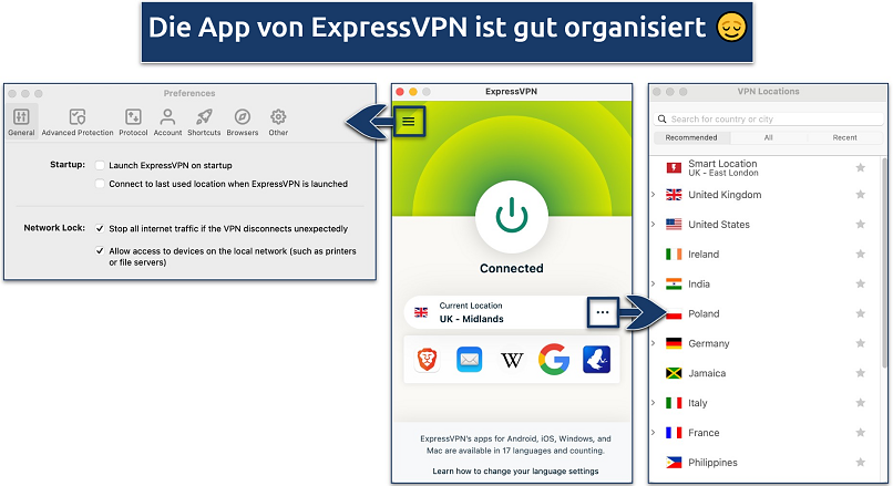 Screenshot der 3 Hauptansichten der ExpressVPN-App