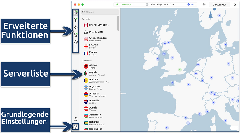 Screenshot der NordVPN-App