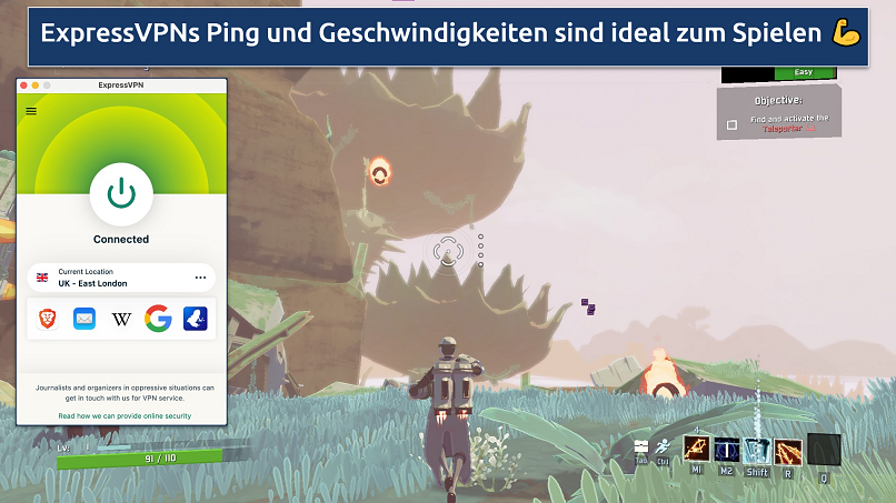 Screenshot, der die ExpressVPN-App über dem Autor zeigt, der Risk of Rain 2 spielt