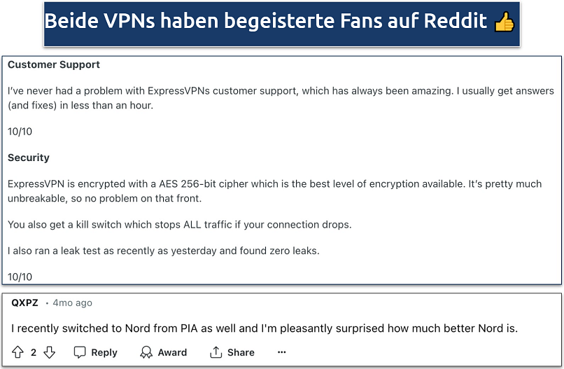 Screenshot mit positivem Feedback auf Reddit für ExpressVPN und NordVPN