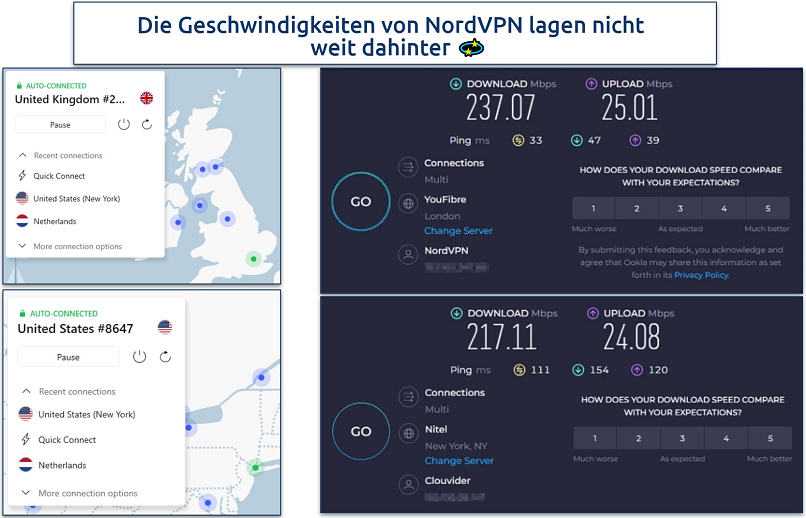 Screenshot der NordVPN-App neben Online-Geschwindigkeitstests