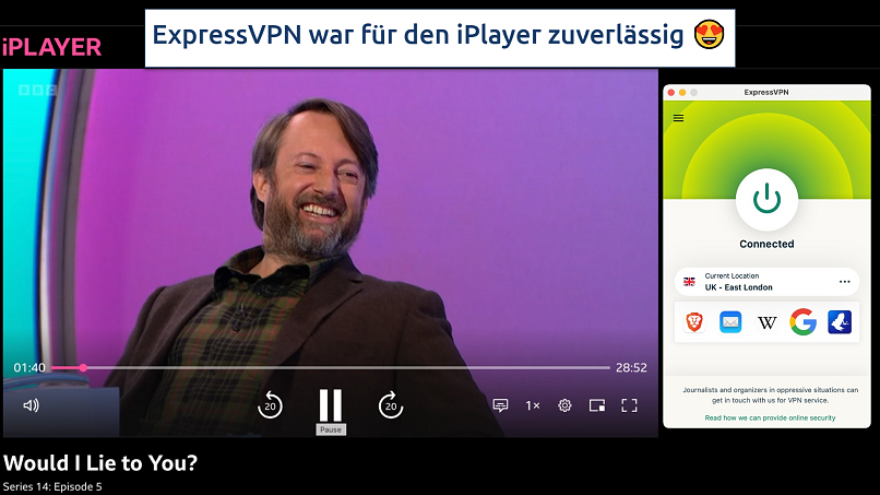 screenshot zeigt die expressvpn-app über einem browser, der bbc iplayer streamt