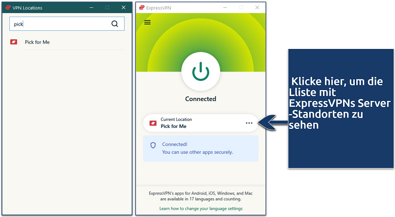 Screenshot of ExpressVPN's Windows interface showin its Pick for Me server option