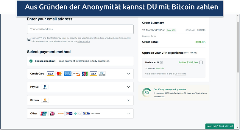 Screenshot of ExpressVPN's checkout page
