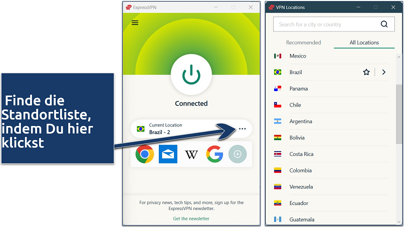 Screenshot of ExpressVPN's Windows app connected to a Brazil IP address