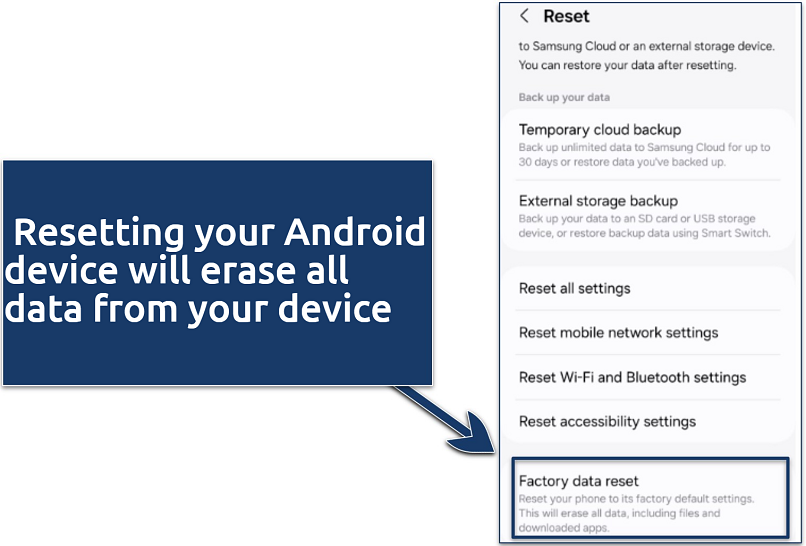 Screenshot of an Android smartphone reset window