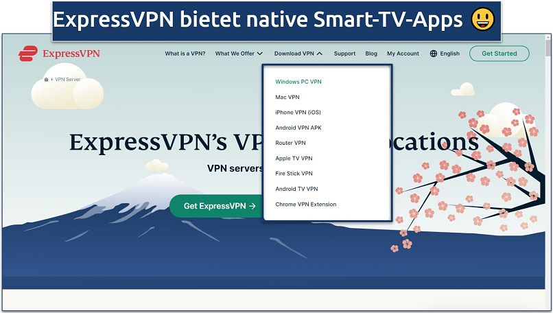 Screenshot of the ExpressVPN website with its app download options