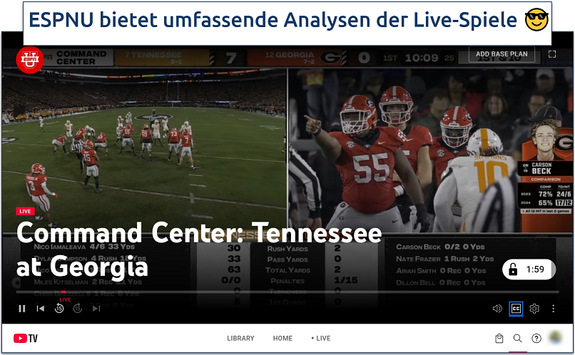 Screenshot of streaming College Football on ESPNU live using YouTube TV