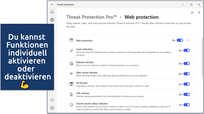 Screenshot of NordVPN's Windows app with Threat Protection customization options