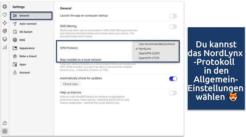 Screenshot of the NordVPN General Settings