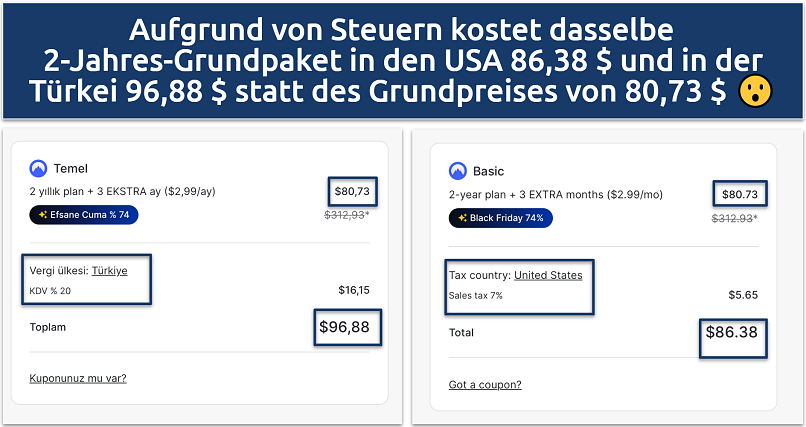 Screenshot of the NordVPN tax comparison in Turkey and the US