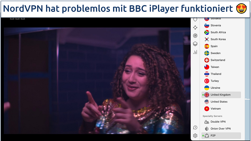 A screenshot of BBC iPlayer streaming with NordVPN connected to a UK server