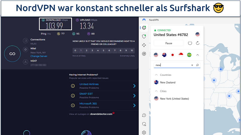 A screenshot of a speed test with NordVPN's US server