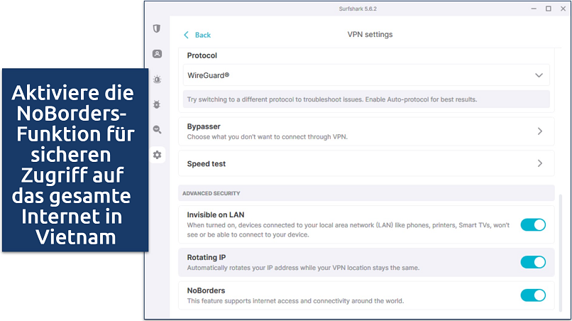Screenshot of Surfshark's Windows app with NoBorders enabled