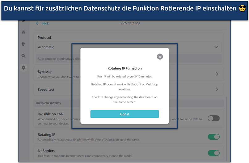 Screenshot der Surfshark-Einstellungen für rotierende IPs