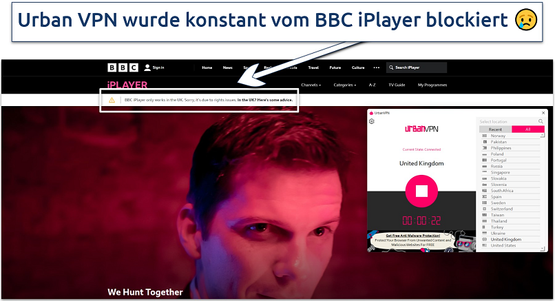 Screenshot of BBC iPlayer not working with Urban VPN