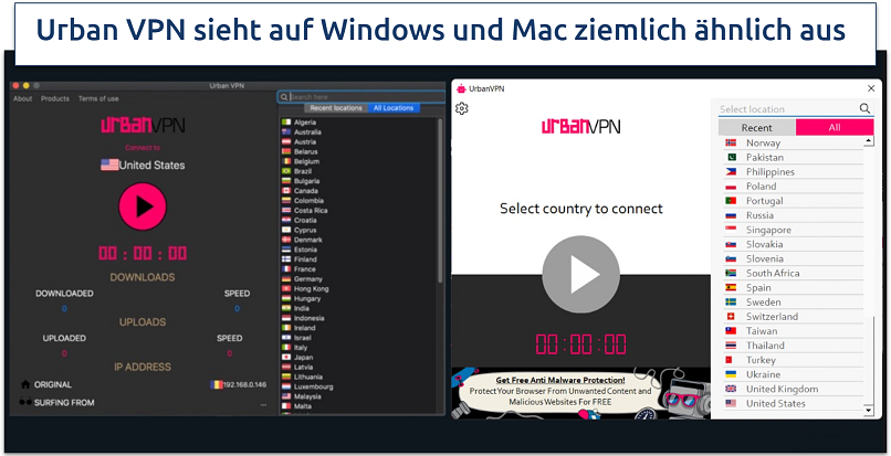 Screenshots of UrbanVPN macOS and Windows interfaces