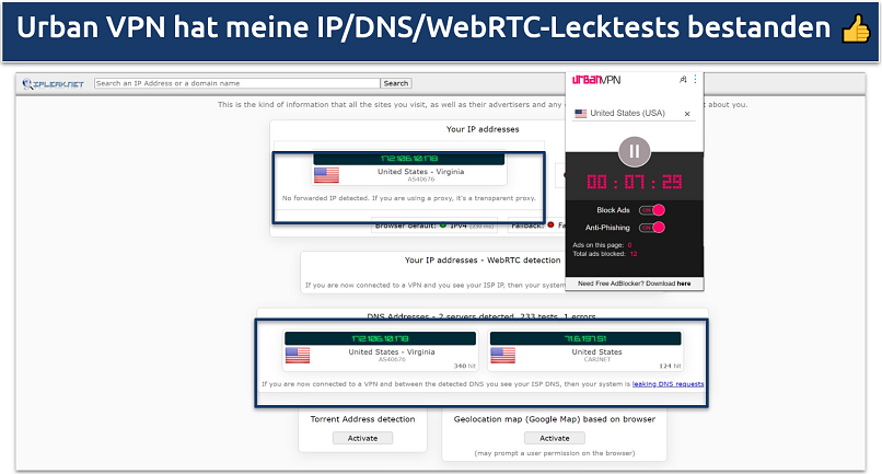 Screenshot of the Urban VPN extension leak tests